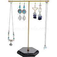 1 Set Golden Plated T Bar Iron Key Storage Jewelry Rack, Jewelry Display Holder with Hexagon Shaped MDF Base, for Earrings, Necklaces, Black, 18.5x9x26cm(ODIS-SC0001-03A)