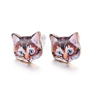 Real 14K Gold Plated Alloy Kitten Stud Earrings, with Enamel and Environment Stainless Steel Pin, Printed, Cat Pattern, Coconut Brown, 10~10.5x10.5~11mm, pin: 0.7mm(EJEW-G148-01G-01)