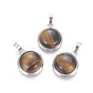 Natural Tiger Eye Pendants, with Brass Findings, Half Round, Platinum, 23~24x19~20x8~10mm, Hole: 8x5mm(G-L512-B04)
