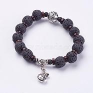 Natural Lava Rock Beads Stretch Bracelets, with Coconut Shell and Alloy Findings, Purse and Round, Antique Silver, 2-1/8 inch(53mm)(BJEW-G567-26)