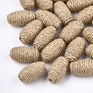 Handmade Woven Beads, Paper Imitation Raffia Covered with Wood, No Hole/Undrilled, Oval, BurlyWood, 25~28x14~16mm(X-WOVE-T006-142A)