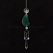 Natural Agate Piece Hanging Ornaments, Metal Moon & Planet and Glass Cone Tassel Suncatchers for Home Outdoor Decoration, Green, 450mm(PW-WG42030-04)