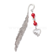 Valentine's Day Alloy Heart Pendant Bookmarks, Dyed Natural Mashan Jade Beaded Bookmark, Feather Bookmark, Angel & Fairy, 115.5mm, Pendant: 58.5x19x8.5mm(AJEW-JK00270-03)