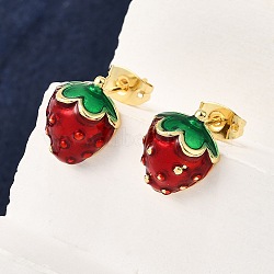 Brass Enamel Stud Earrings, Real 18K Gold Plated, Strawberry, 12x10mm(EJEW-G430-06B-G)