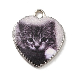 Alloy Pendant, Heart with Cat, Platinum, Dark Gray, 21x18x2.5mm, Hole: 2mm(FIND-H045-08P-04)