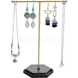 1 Set Golden Plated T Bar Iron Key Storage Jewelry Rack, Jewelry Display Holder with Hexagon Shaped MDF Base, for Earrings, Necklaces, Black, 18.5x9x26cm(ODIS-SC0001-03A)