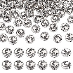 Elite Alloy Beads, Flat Round with Moon & Star, Antique Silver, 9mm, Hole: 1.5mm, 100pcs/box(FIND-PH00006-01)