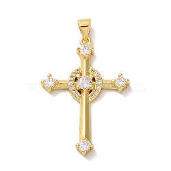 Brass Micro Pave Cubic Zirconia Pendants, Cross, Real 18K Gold Plated, 34.5x24x3.5mm, Hole: 4.5x3.5mm(KK-A212-10A-G)