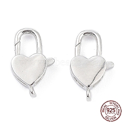 Anti-Tarnish Rhodium Plated 925 Sterling Silver Lobster Claw Clasps, Heart, Platinum, 13x8x3mm, Hole: 1mm(STER-K173-15P)