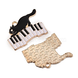Alloy Enamel Pendants, Cat Charms, Light Gold, Piano Pattern, 19x26x1mm, Hole: 2mm(ENAM-CJC0006-80C)