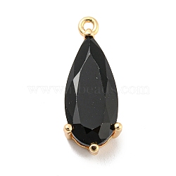 Brass Pave Cubic Zirconia Pendants, Teardrop, Real 14K Gold Plated, Black, 19.5x7.5x5.5mm, Hole: 1.2mm(KK-Q801-01G-01)