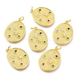 Brass Micro Pave Colorful Cubic Zirconia Pendants, Long-Lasting Plated, with Jump Ring, Oval with Moon & Star, Real 18K Gold Plated, 22x16x2mm, Hole: 3.2mm(ZIRC-J024-04G)