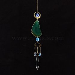 Natural Agate Piece Hanging Ornaments, Metal Moon & Planet and Glass Cone Tassel Suncatchers for Home Outdoor Decoration, Green, 450mm(PW-WG42030-04)