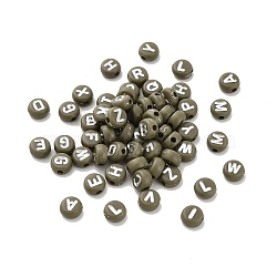 Opaque Acrylic Beads, Flat Round with Letter, Dark Olive Green, 7x4mm, Hole: 1.6mm, about 3846pcs/500g(OACR-H046-02C)