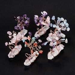 Natural Quartz Crystal Tress Display Decorations, with Natural Mixed Stone Chip Beads and Rose Gold Brass Branch, 46~62x29~43x42~54mm(G-F702-01)