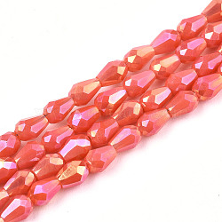 Electroplate Glass Beads Strands, AB Color Plated, Faceted Teardrop, Tomato, 4x3mm, Hole: 0.7mm, about 98~99pcs/strand, 16.54~16.92 inch(42~43cm)(EGLA-S194-02A-A04)