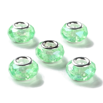 Shell Transparent Brass Cores Acrylic European Beads, Rondelle, Large Hole Bead, Faceted, Silver, Light Green, 15x9mm, Hole: 5mm