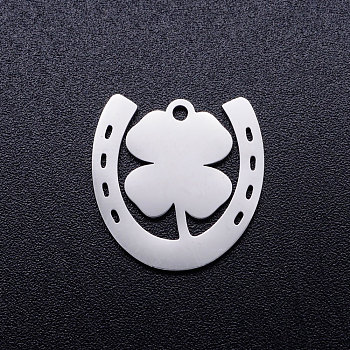 201 Stainless Steel Pendants, Horseshoe with Clover, Stainless Steel Color, 17x16.5x1mm, Hole: 1.5mm
