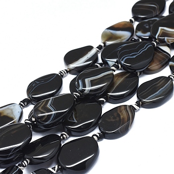 Natural Banded Agate/Striped Agate Beads Strands, Dyed & Heated, Twisted Teardrop, Black, 25~27x19~21x6~7mm, Hole: 1.6mm, about 13pcs/Strand, 16.54 inch(42cm)