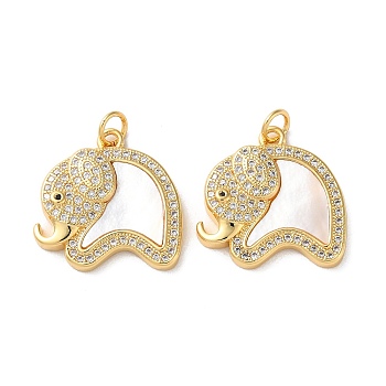 Brass Micro Pave Cubic Zirconia Pendants, with Shell and Jump Ring, Real 18K Gold Plated, Elephant, 20x20x4mm, Hole: 3mm