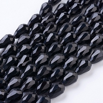 Glass Beads Strands, Faceted, teardrop, Black, 15x10mm, Hole: 2mm, about 48pcs/strand, 27.56 inch(70cm)
