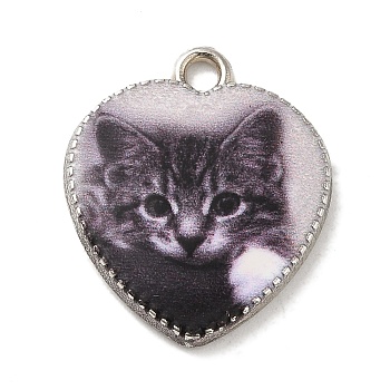 Alloy Pendant, Heart with Cat, Platinum, Dark Gray, 21x18x2.5mm, Hole: 2mm
