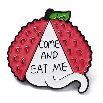 Come and Eat Me Litchi Theme Enamel Pins, Electrophoresis Black Plated Alloy Brooch, Cerise, Cat Tail Shape, 30x30mm