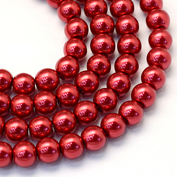 Baking Painted Pearlized Glass Pearl Round Bead Strands, FireBrick, 6~7mm, Hole: 1mm, about 145pcs/strand, 31.4 inch