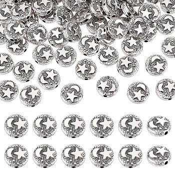 Elite Alloy Beads, Flat Round with Moon & Star, Antique Silver, 9mm, Hole: 1.5mm, 100pcs/box