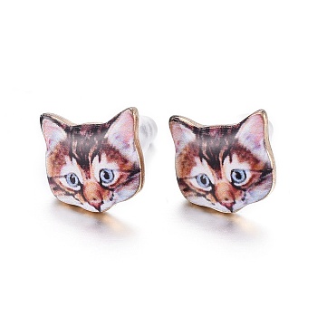 Real 14K Gold Plated Alloy Kitten Stud Earrings, with Enamel and Environment Stainless Steel Pin, Printed, Cat Pattern, Coconut Brown, 10~10.5x10.5~11mm, pin: 0.7mm