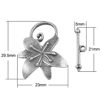 Alloy Toggle Clasps, Cadmium Free & Lead Free, Antique Silver, Flower: about 29.5x23x7mm, hole: 1~10x12mm, bar: 21x5x2.5mm, hole: 1.5mm.