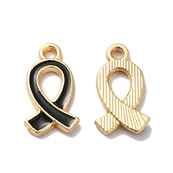 Alloy Enamel Pendants, Golden, Awareness Ribbon Charm, Black, 17x10x2mm, Hole: 1.6mm