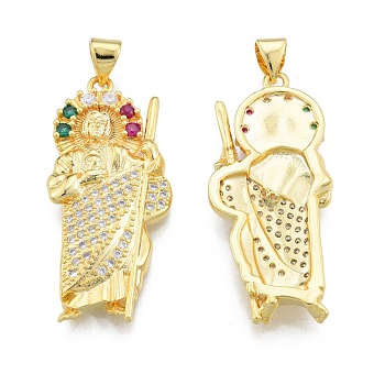 Brass Micro Pave Cubic Zirconia Pendants, Saint, Real 18K Gold Plated, 35x14.5x4mm, Hole: 3.5x4mm