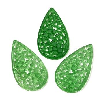 Natural Quartz Carved Pendants, Teardrop Charms, Dyed, Green, 41~41.5x23~23.5x2.5~3mm, Hole: 1mm