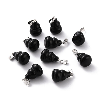 Natural Obsidian Pendants, with Brass Loops and Snap on Bails, Long-Lasting Plated, Platinum, Gourd/Calabash, 16.5~17x12mm, Hole: 4x4mm