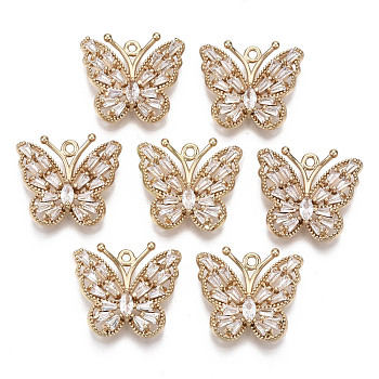Brass Micro Pave Cubic Zirconia Pendants, Long-Lasting Plated, Butterfly, Light Gold, Clear, 17x20x4mm, Hole: 1.4mm