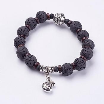 Natural Lava Rock Beads Stretch Bracelets, with Coconut Shell and Alloy Findings, Purse and Round, Antique Silver, 2-1/8 inch(53mm)