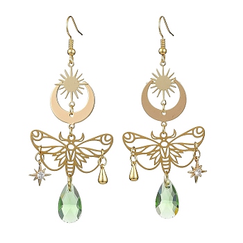 Brass Butterfly Dangle Earrings, with Glass Teardrop Pendant, Stainless Steel Jewelry for Women, Golden, 79x33mm