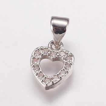 Brass Micro Pave Cubic Zirconia Charms, Heart, Platinum, 10.5x8x2mm, Hole: 3.5x4mm