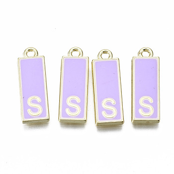 Alloy Enamel Pendants, Cadmium Free & Lead Free, Rectangle with Initial Letters, Light Gold, Letter.S, 23.5x8x2mm, Hole: 1.8mm