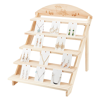 5-Tier 3-Row Wood Earring Display Card Racks, Wooden Jewelry Organizer Holder for Rings, Earring Display Cards and Photo Storage, Home Decorations, BurlyWood, Finished Product: 34x40x50cm