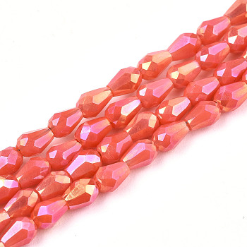 Electroplate Glass Beads Strands, AB Color Plated, Faceted Teardrop, Tomato, 4x3mm, Hole: 0.7mm, about 98~99pcs/strand, 16.54~16.92 inch(42~43cm)