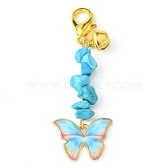 Alloy Enamel Butterfly Pendant Decoration, Synthetic Turquoise Chips and Lobster Claw Clasps Charms, 64mm(HJEW-JM01555-03)