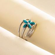 Titanium Steel Flower Cuff Rings, Love Design Synthetic Turquoise Open Ring for Women(WH9227-1)