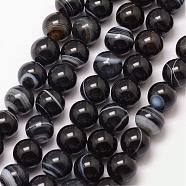 Natural Striped Agate/Banded Agate Bead Strands, Round, Grade A, Dyed & Heated, Black, 12mm, Hole: 1mm, about 32pcs/strand, 15 inch(G-K166-13-12mm-05)