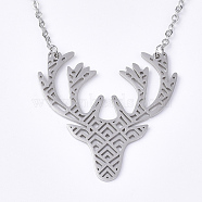 201 Stainless Steel Pendant Necklaces, with Cable Chains, Christmas Reindeer/Stag, Stainless Steel Color, 17.7 inch(45cm), 2mm, Reindeer: 39x38x1mm(NJEW-T009-JN093-1-40)