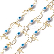 Enamel Horse Eye & Star & Moon Link Chains, with Brass Cross Chamrs, Real 18K Gold Plated, Soldered, with Spools, Deep Sky Blue, 13x5x4.5mm, 8.5x8.5x0.8mm, 10x6x0.8mm(CHC-C003-26G-02)