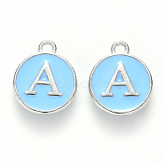 Platinum Plated Alloy Enamel Charms, Cadmium Free & Lead Free, Enamelled Sequins, Flat Round with Letter, Sky Blue, Letter.A, 14x12x2mm, Hole: 1.5mm(ENAM-S118-04A-P)