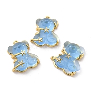 Transparent Resin Crystal Rhinestone Pendants, Bear Charms, with Rack Plating Real 14K Gold Plated Brass Findings, Long-Lasting Plated, Cadmium Free & Lead Free, Deep Sky Blue, 23.5x20.5x8mm, Hole: 1.5mm(KK-H438-04G-04)