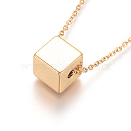 304 Stainless Steel Pendant Necklaces, with Cable Chains and Lobster Claw Clasps, Cube, Golden, 17.6 inch(44.8cm), 1.5mm(NJEW-F275-48G)